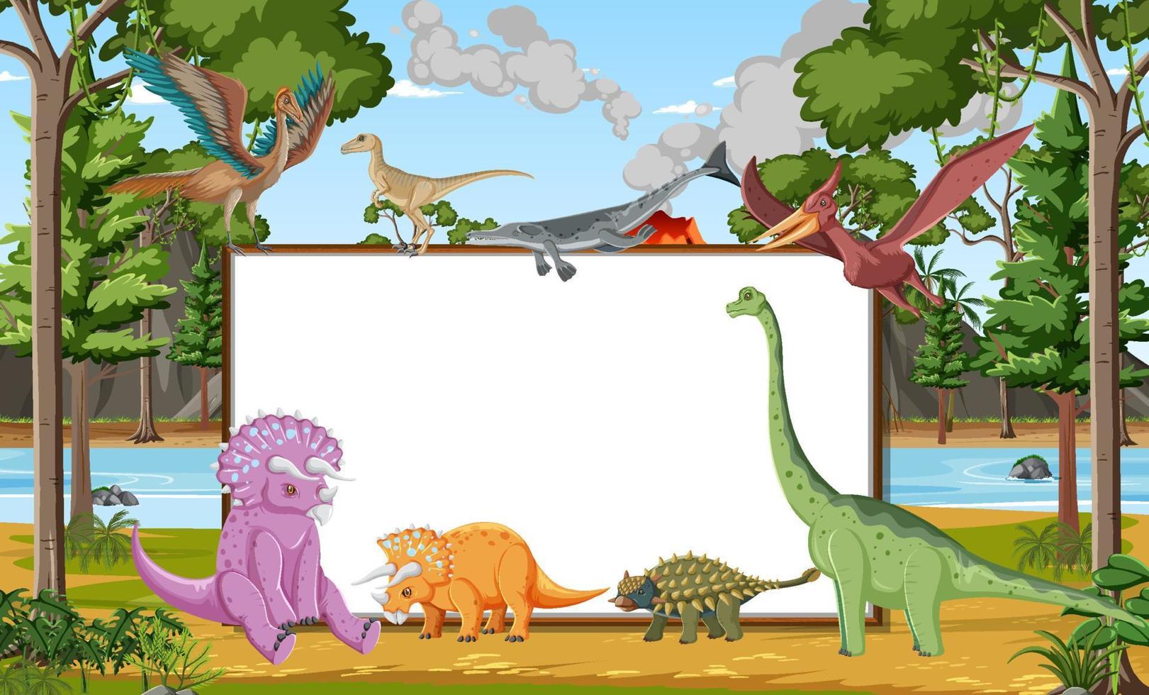 scène avec des dinosaures et un tableau blanc dans la forêt vecteur