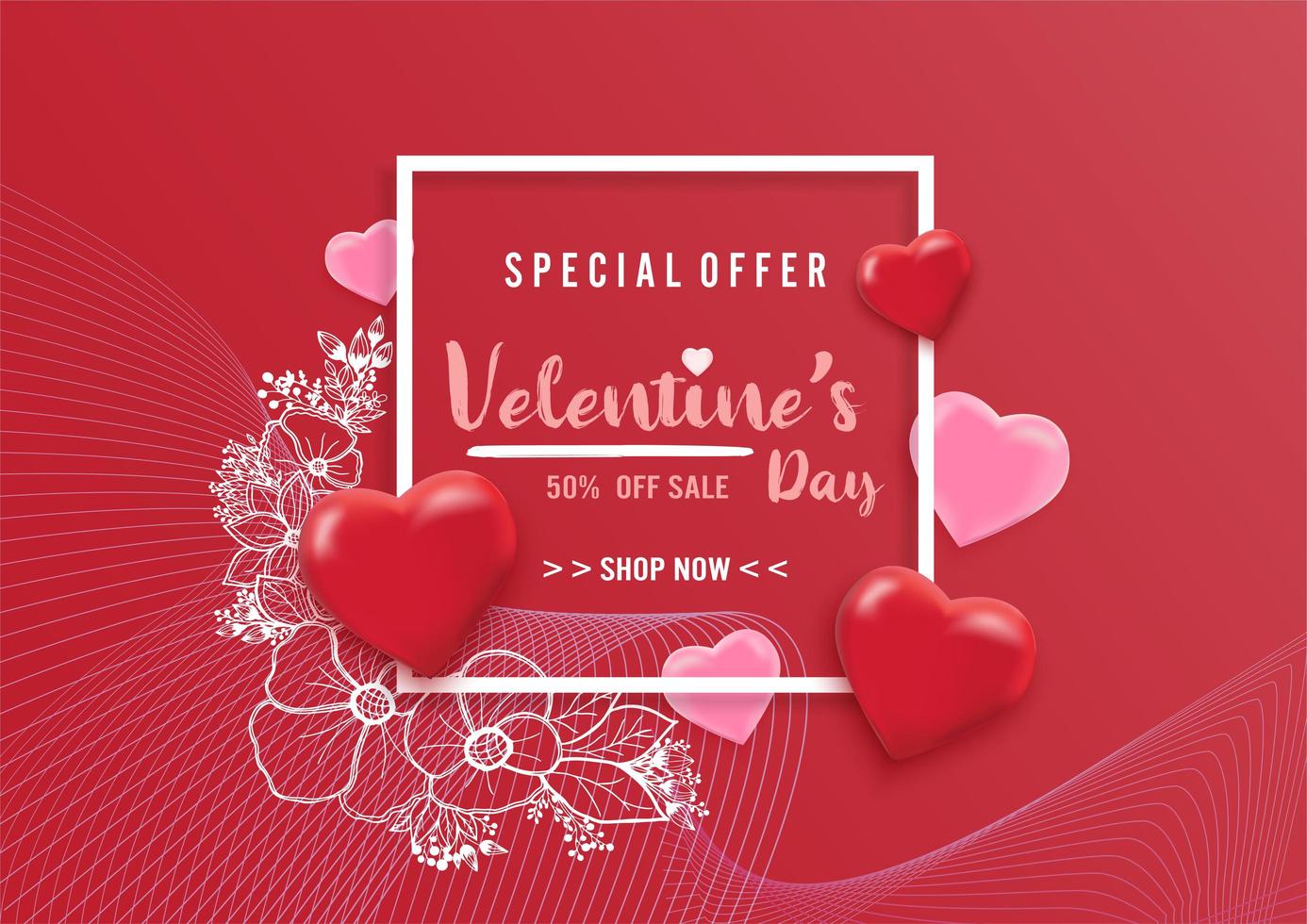 Fond de vente Saint Valentin avec motif coeur ballons et illustration de fleur vecteur