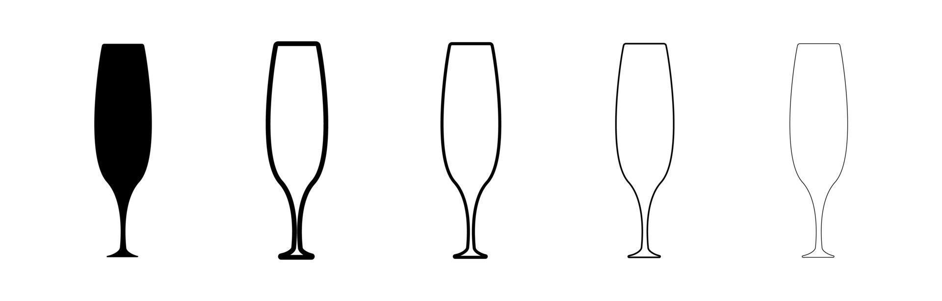 ensemble de silhouette de verres à vin. mince longue tasse. verres d'épaisseurs différentes. verre de couleur noire isolé sur fond blanc. jeu d'icônes de verre à boire silhouette. conception d'art en ligne moderne. vecteur