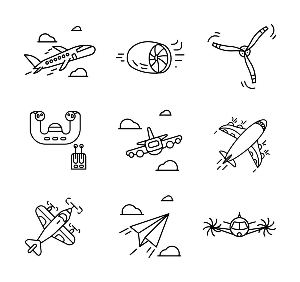 jeu d'icônes liées à l'avion. jeu d'icônes comme avion à réaction, hélice, contrôleur pilote, avion en carton. jeu d'icônes liées aux pièces d'avion. ensemble d'épaisseur rayée normale. vecteur