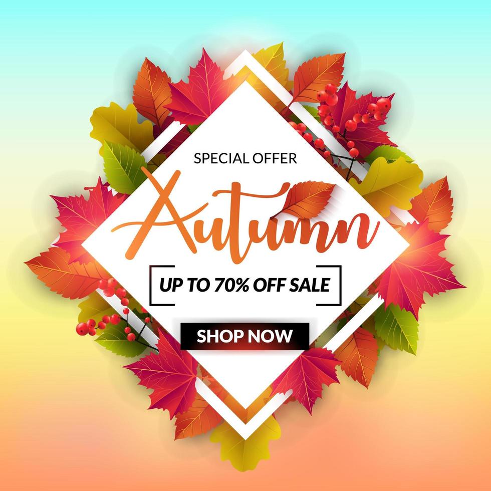 Carte de vente d&#39;automne avec cadre en diamant et feuilles colorées vecteur
