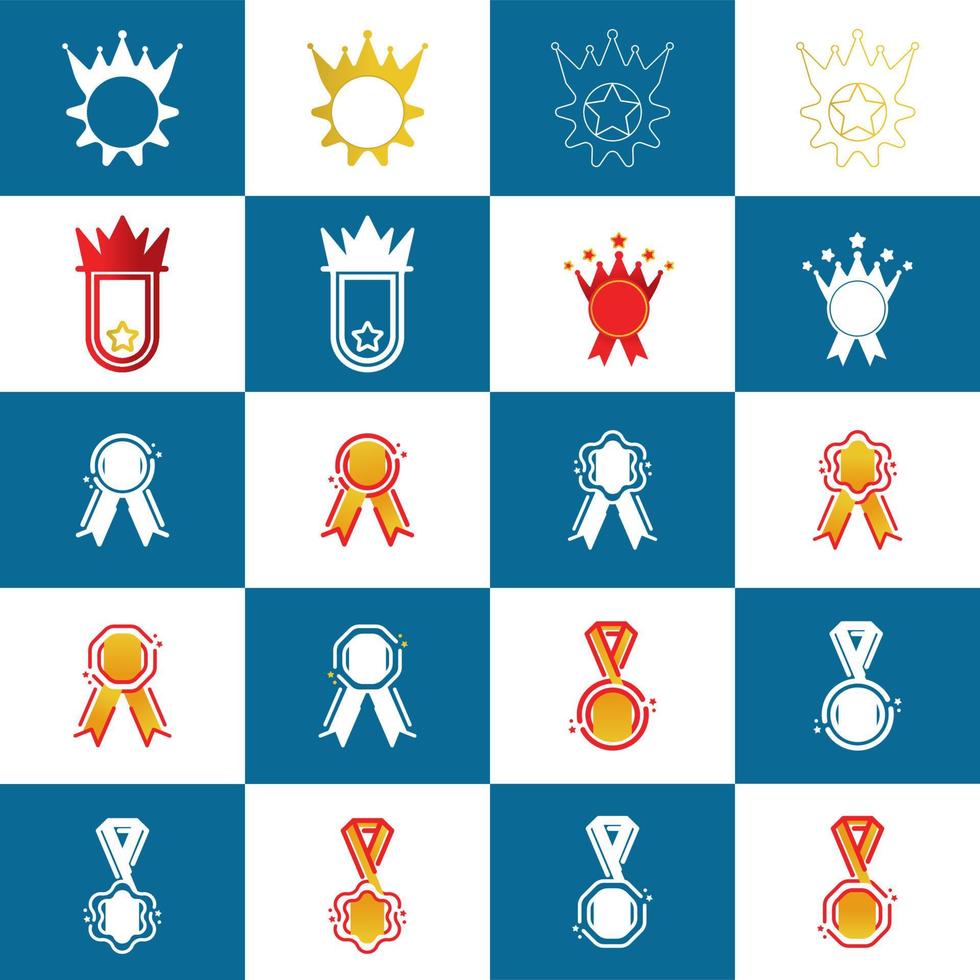 grand ensemble de différentes médailles et logo d'icônes de couronne de trophée. grand ensemble de médailles de première, deuxième et troisième place, logo du gagnant et des récompenses. obtenir le signe d'illustration d'icône vectorielle. icône de vecteur de prix. art de logo moderne.