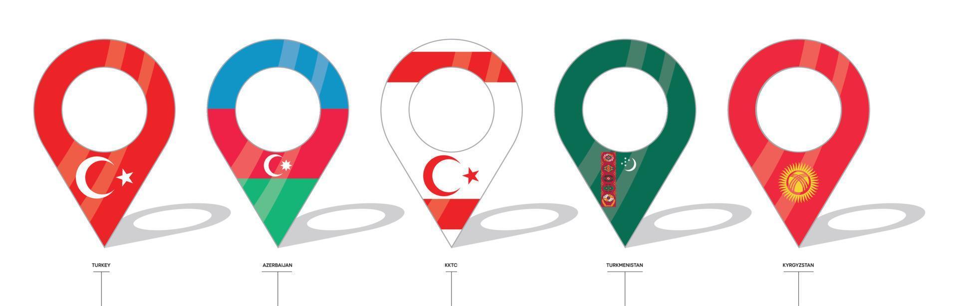 panneau de localisation du drapeau du pays. icônes de drapeau de la turquie, de l'azerbaïdjan, de la trnc, du turkménistan et du kirghizistan. drapeaux des pays avec enregistrement. icône vectorielle de formes simples de point de localisation. vecteur