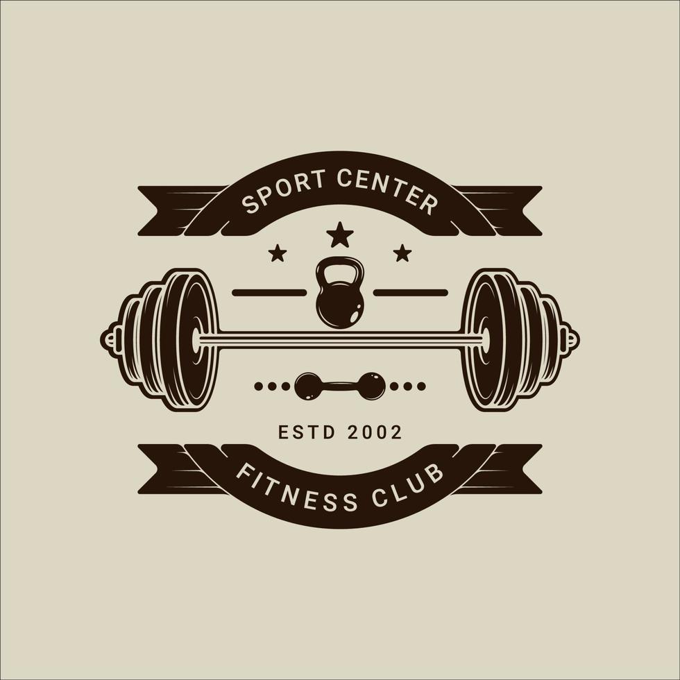 barbell et kettlebell logo vector illustration vintage modèle icône graphisme. signe ou symbole de gym ou de remise en forme pour le gymnase d'affaires de sport avec bannière et style de typographie rétro