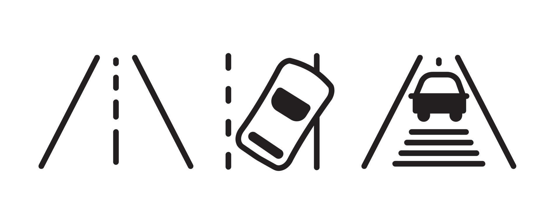 icônes vectorielles des indicateurs du tableau de bord du véhicule. ces symboles comprennent la voie de circulation, l'avertissement de sortie de route du véhicule et le symbole de distance de suivi. icône de ligne modifiable. vecteur