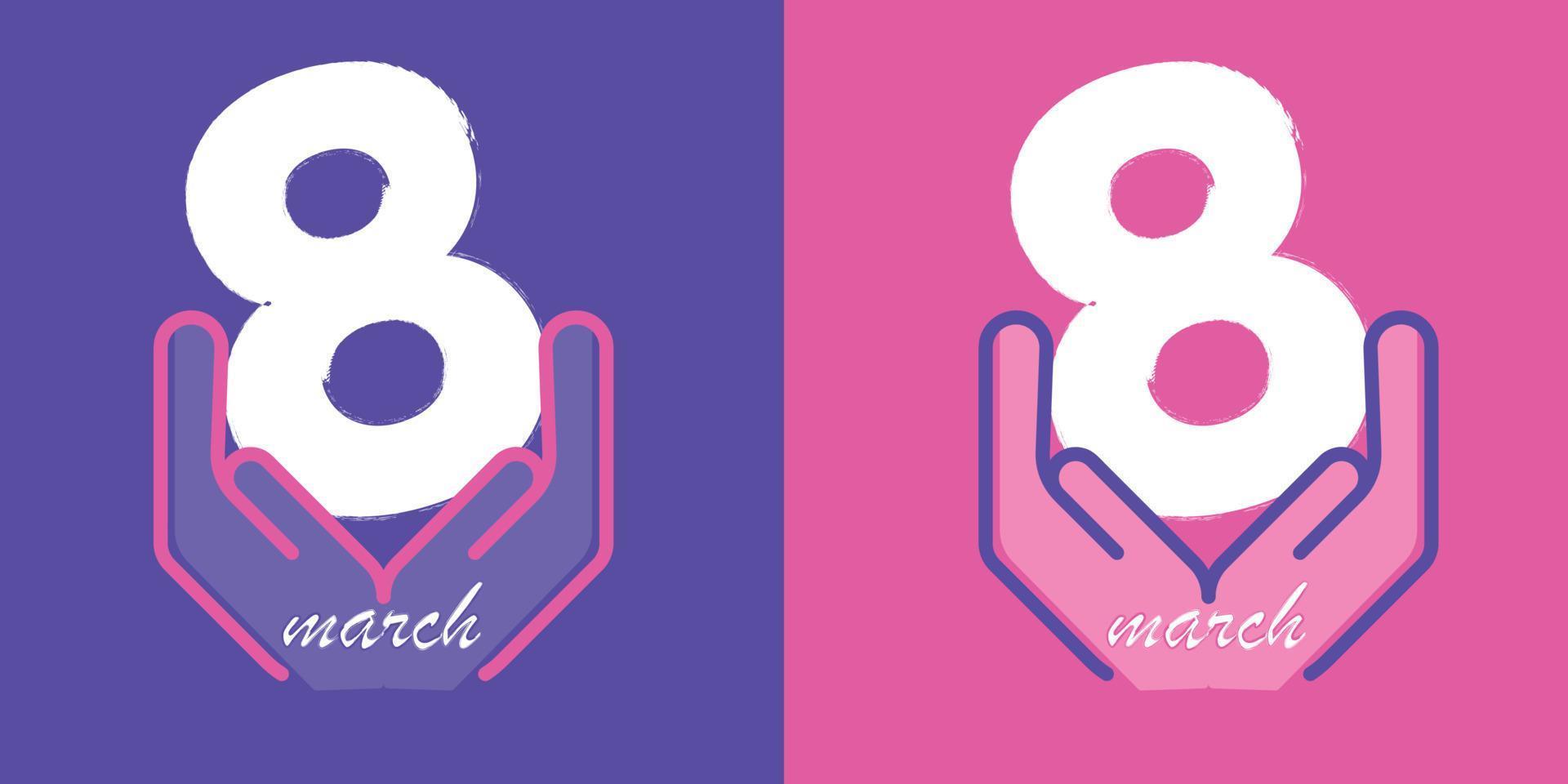 numéro 8 sur les mains, logo moderne et conception d'affiches. ensemble de logo de conception de la journée internationale de la femme du 8 mars dans les couleurs roses et violettes. vecteur