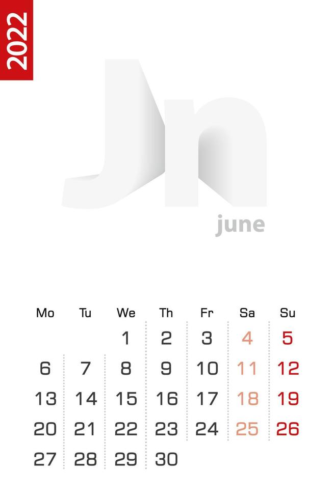 modèle de calendrier minimaliste pour juin 2022, calendrier vectoriel en anglais.