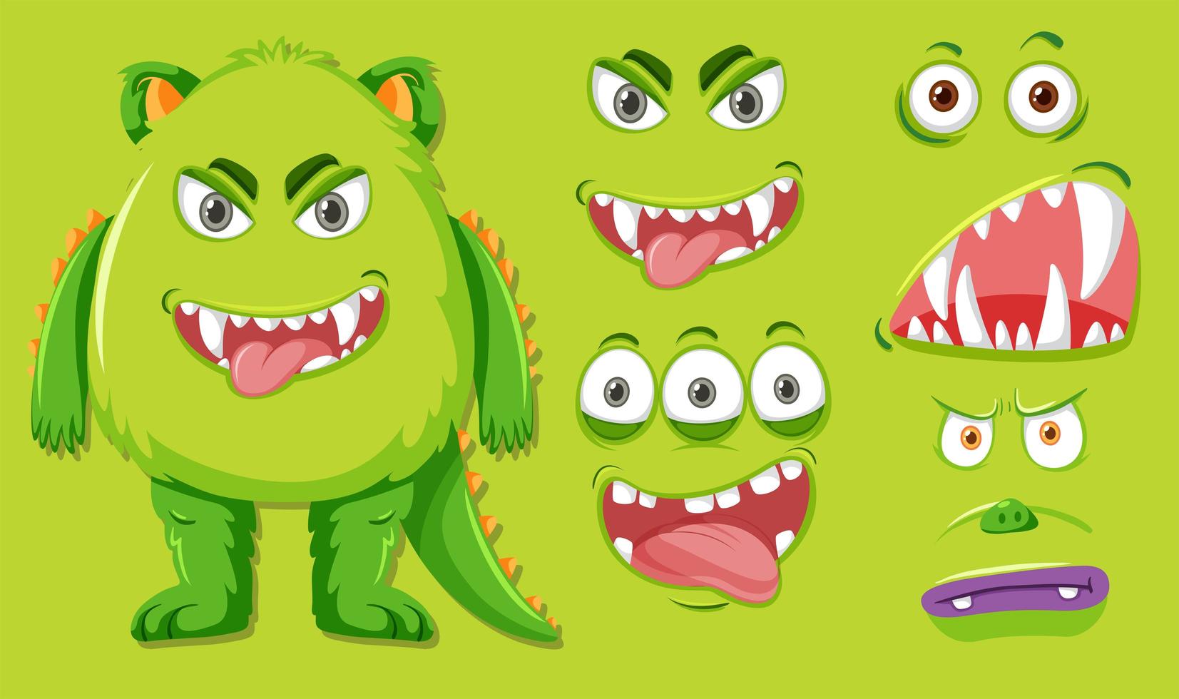 Monstre vert avec différentes expressions faciales vecteur