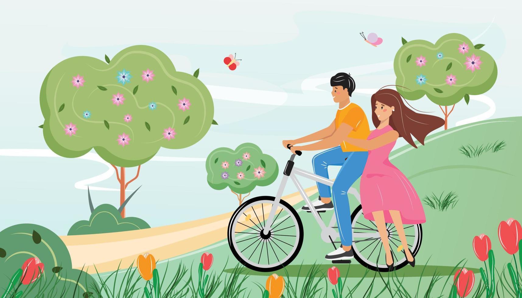 couple faisant du vélo dans le parc. printemps, illustration de paysage d'été. homme et femme amoureux à vélo. les gens passent du temps ensemble illustration vectorielle plane. vecteur