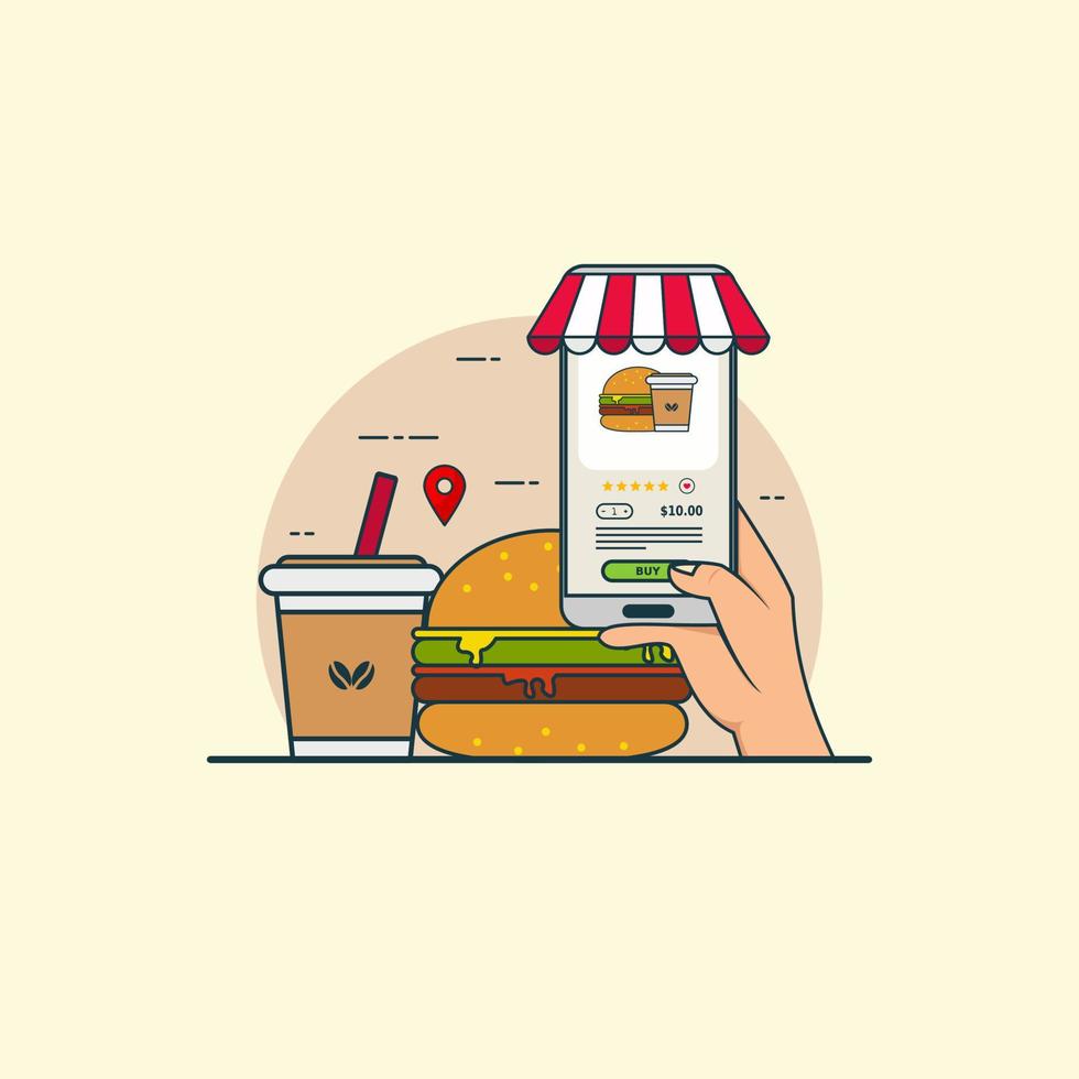 illustration pour acheter de la nourriture et des boissons en ligne avec le concept de smartphone. vecteur de conception avec un style plat