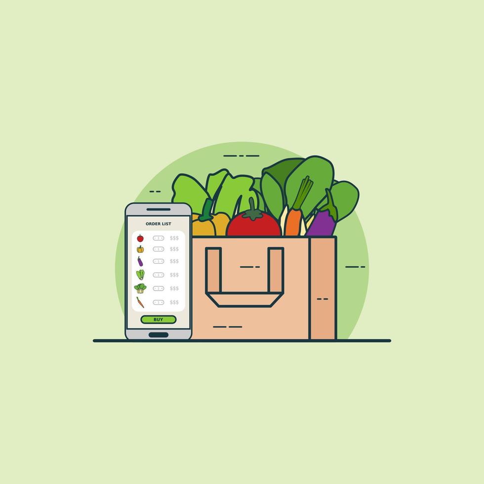 illustration pour acheter des légumes en ligne avec le concept de smartphone. vecteur de conception avec un style plat