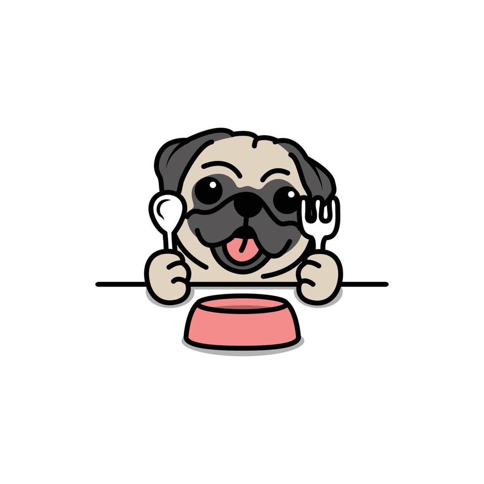 mignon chien pug en attente de dessin animé alimentaire, illustration vectorielle vecteur