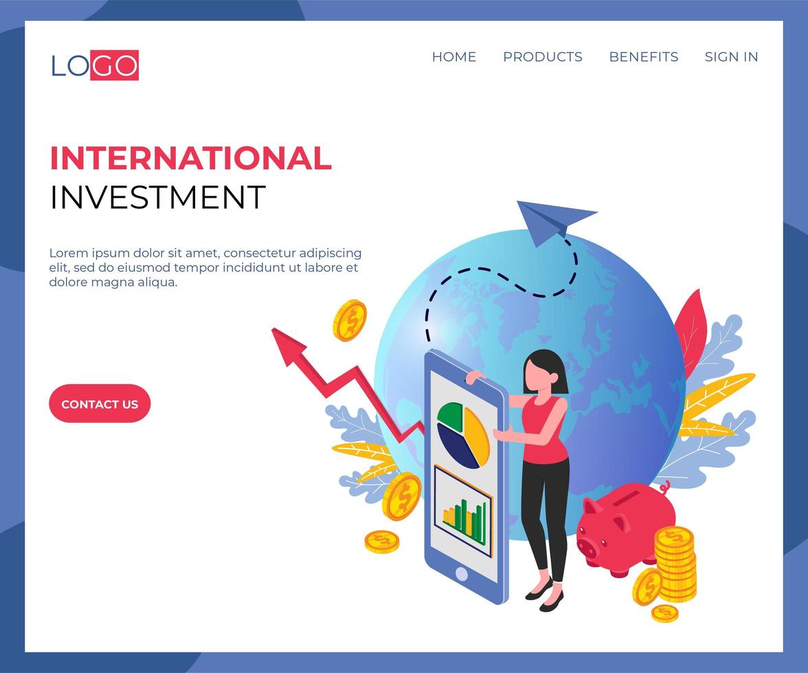 Page de destination isométrique des investissements internationaux vecteur