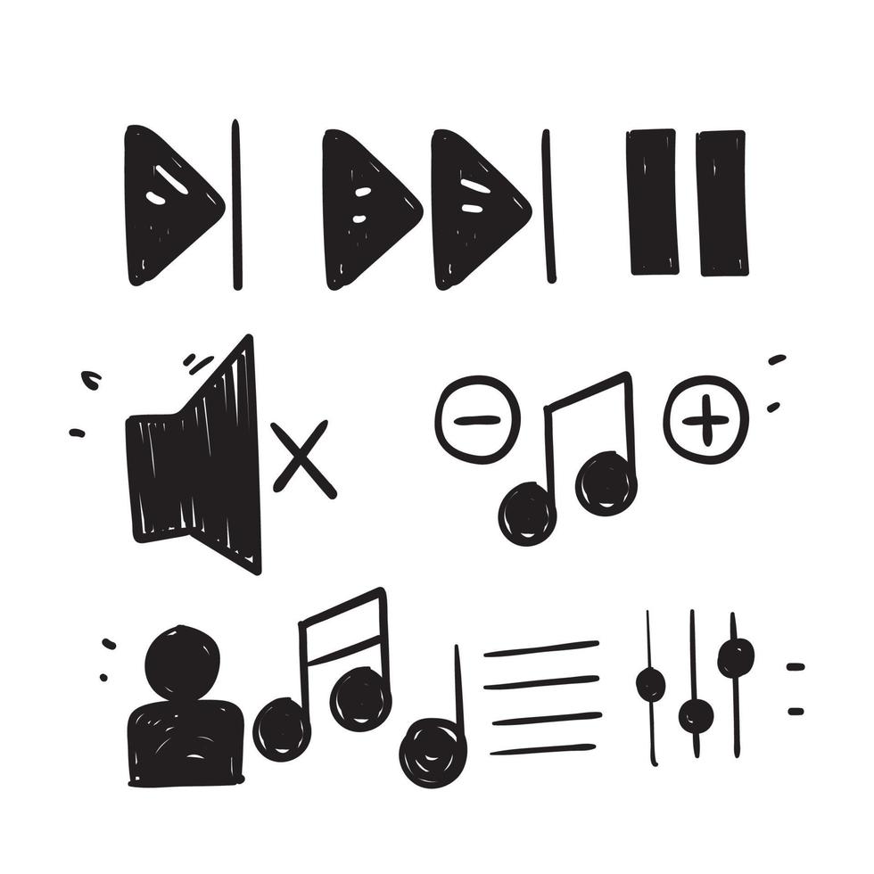 doodle dessiné à la main ensemble simple de commandes musicales icône d'illustration connexe vecteur
