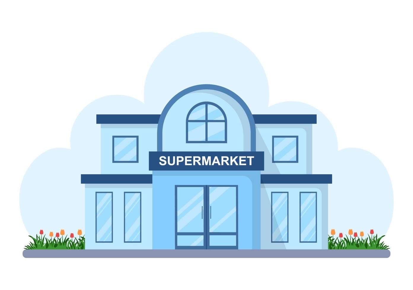 bâtiment de supermarché avec étagères, articles d'épicerie et panier complet, vente au détail, produits et consommateurs en illustration de fond de dessin animé plat vecteur