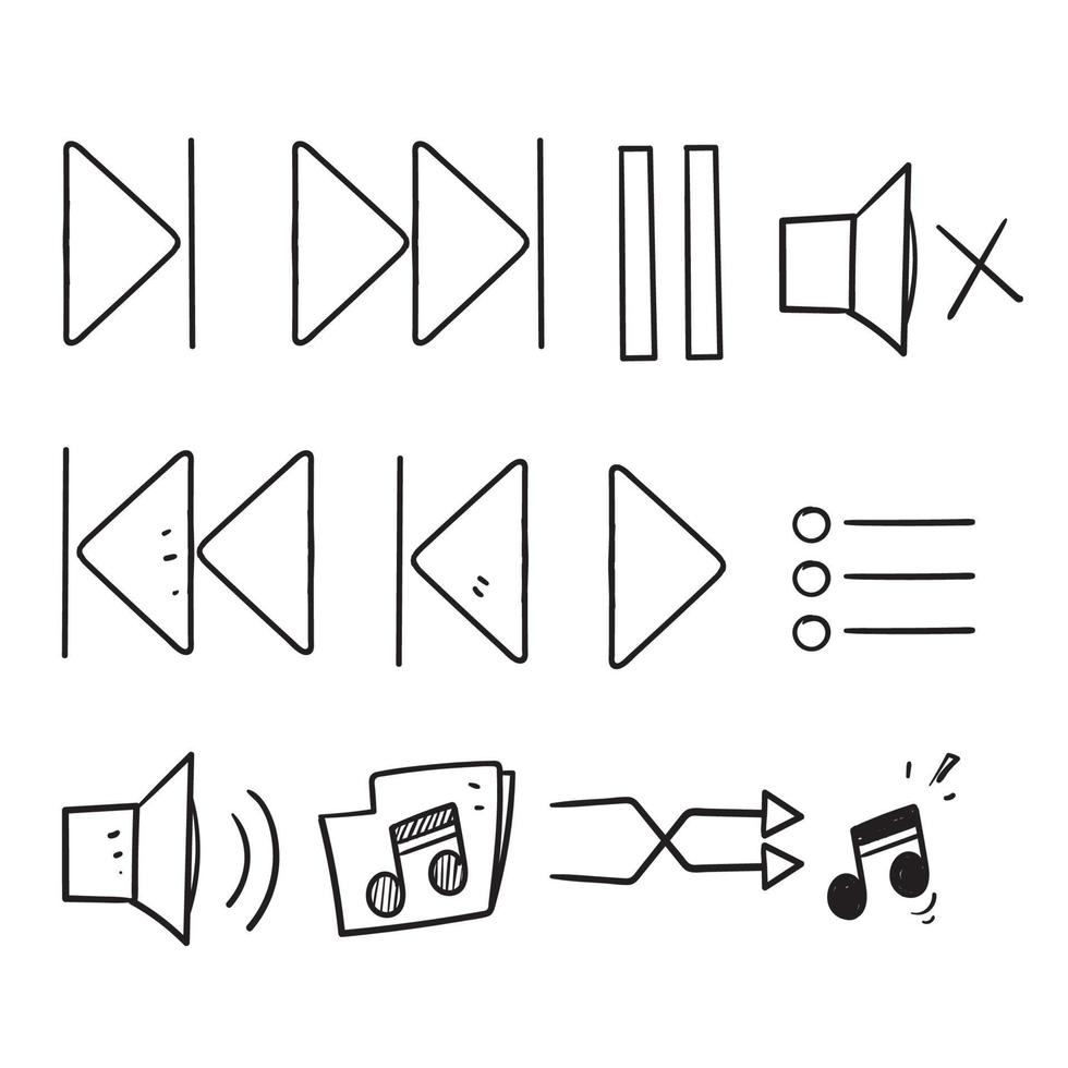 doodle dessiné à la main ensemble simple de commandes musicales icône d'illustration connexe vecteur