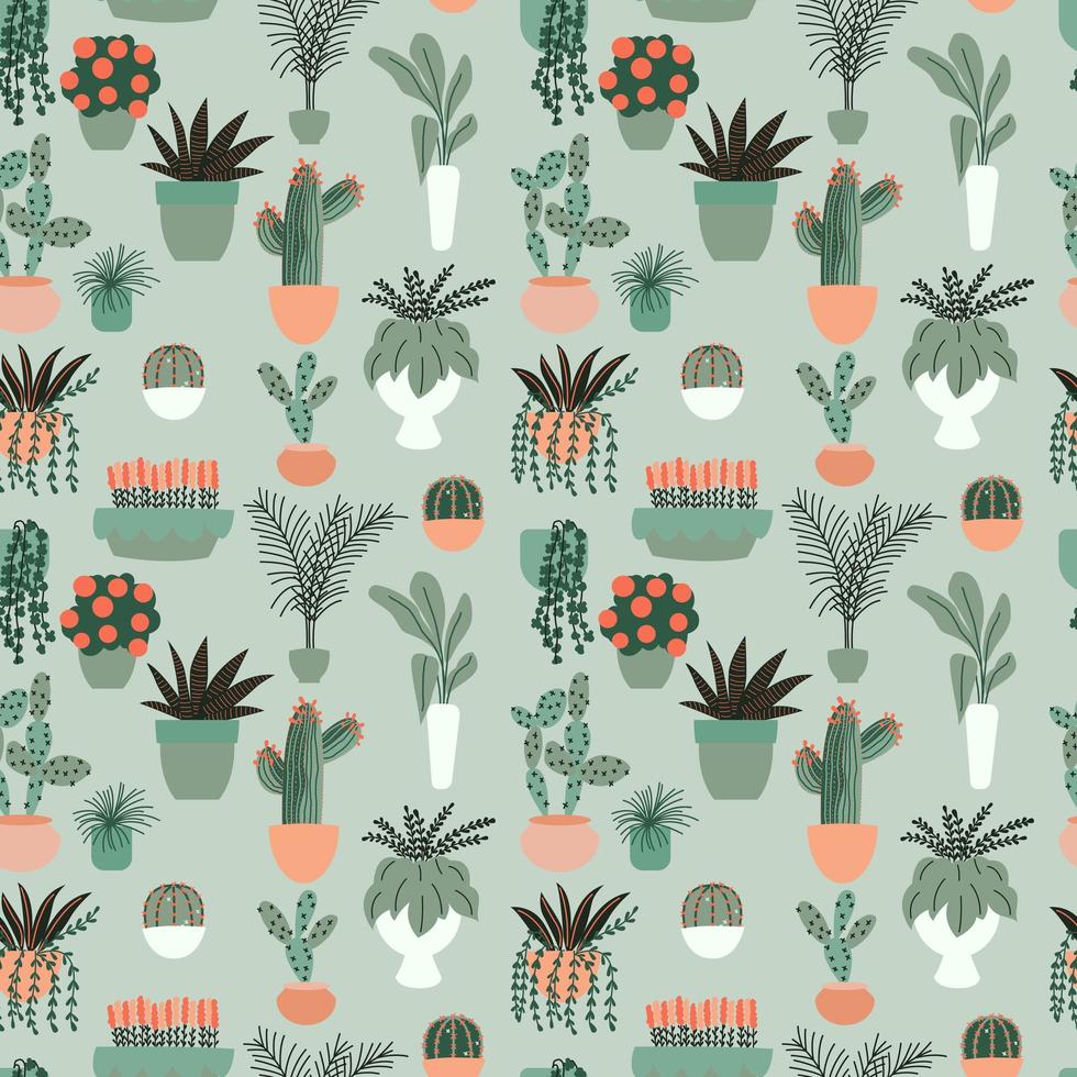 Modèle sans couture avec collection de plantes d&#39;intérieur d&#39;intérieur dessinés à la main. Collection de plantes en pot. Illustration vectorielle plat coloré vecteur