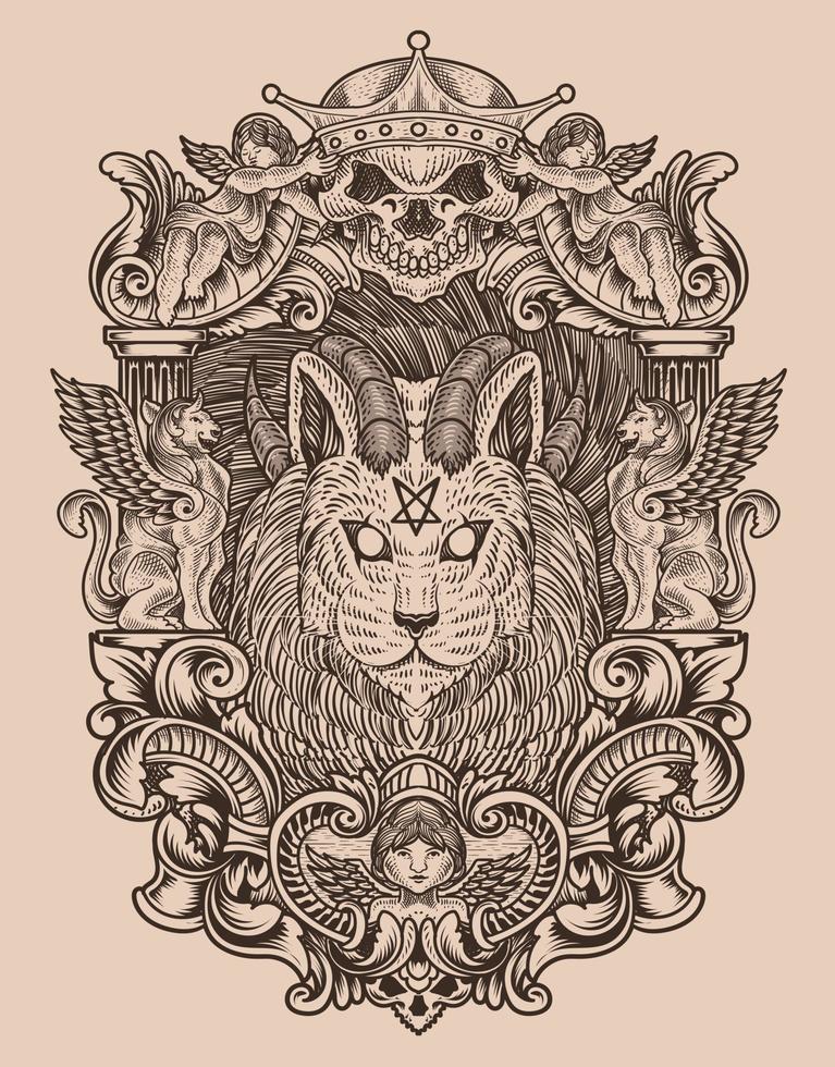chat démon vintage illustration avec style de gravure vecteur