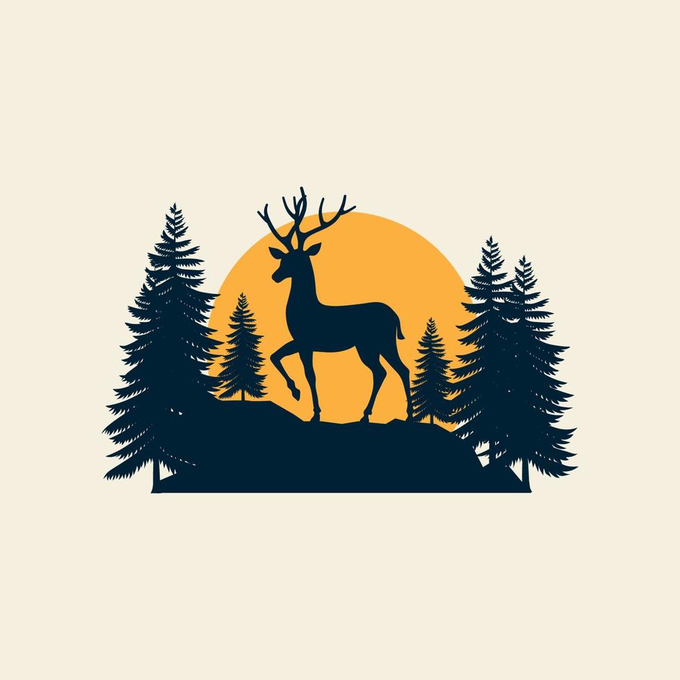 cerf sauvage avec forêt de pins logo vecteur icône symbole illustration design silhouette