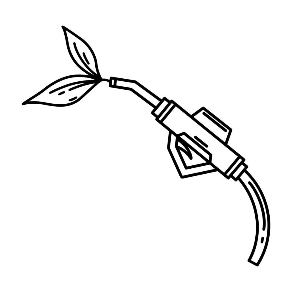 pistolet à essence ou à gaz avec icône de vecteur de biocarburant. illustration dessinée à la main isolée sur fond blanc. l'énergie verte des plantes. carburant alternatif respectueux de l'environnement, croquis écologique monochrome