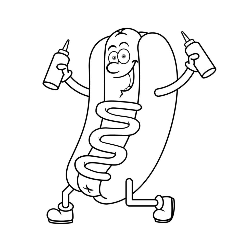 personnage de dessin animé de hot-dog tenant le contour des bouteilles de sauce vecteur