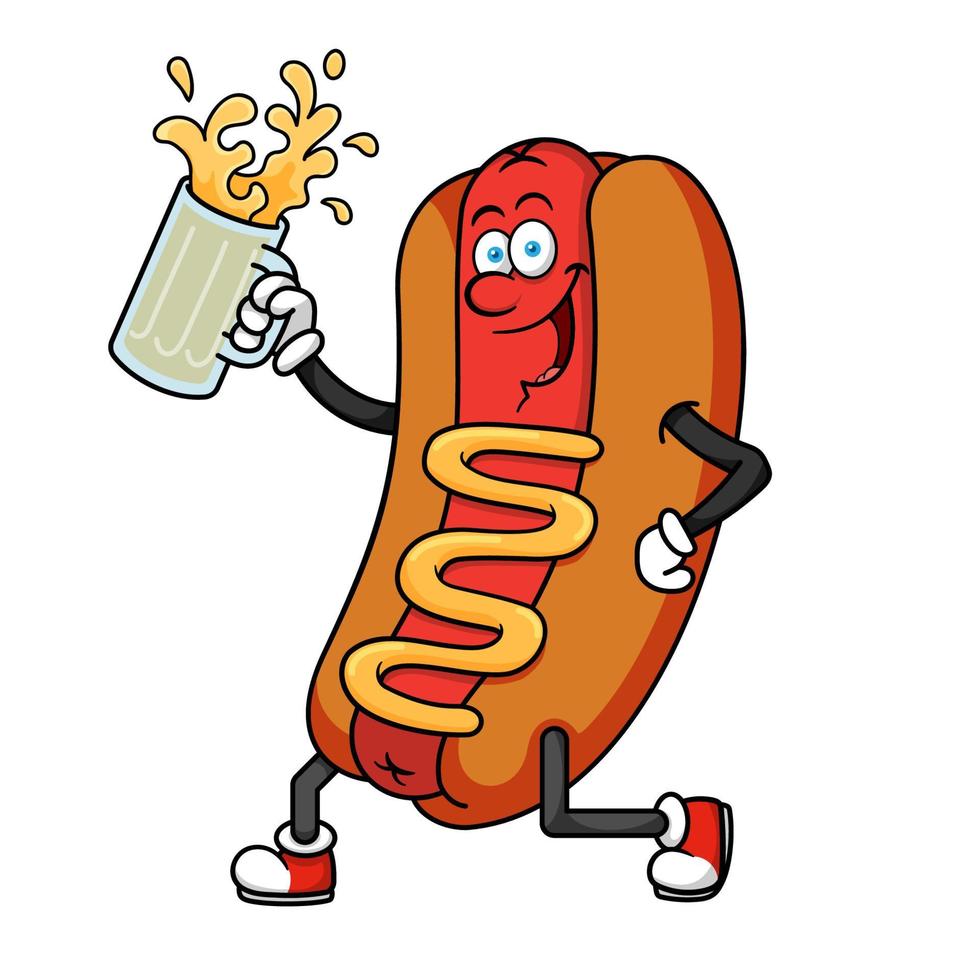 personnage de dessin animé de hot-dog tenant de la bière vecteur