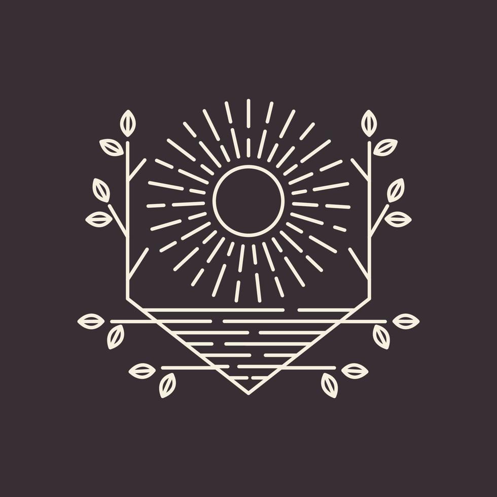 soleil de ligne hipster avec création de logo d'ornement de feuille, illustration d'icône de symbole graphique vectoriel idée créative