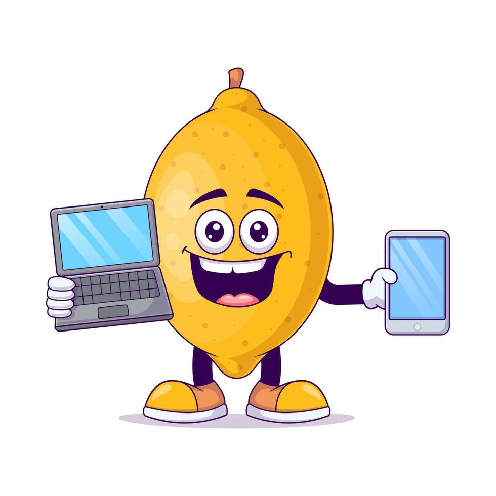 avec vecteur de personnage de mascotte de dessin animé de citron pour ordinateur portable