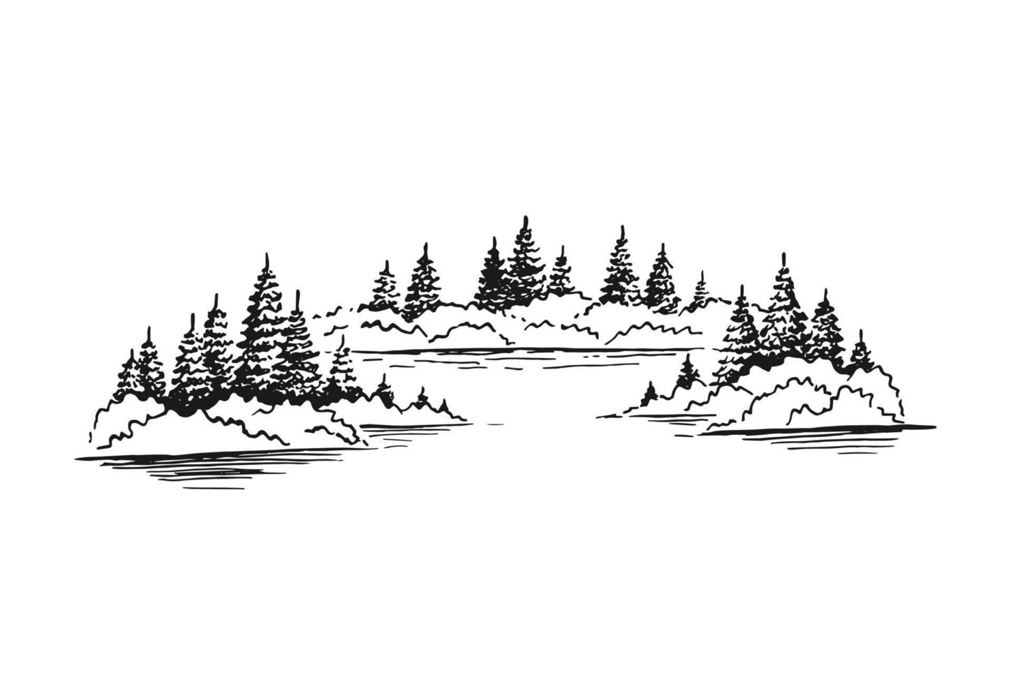 croquis de nature sauvage avec lac et forêt. illustration dessinée à la main convertie en vecteur. vecteur