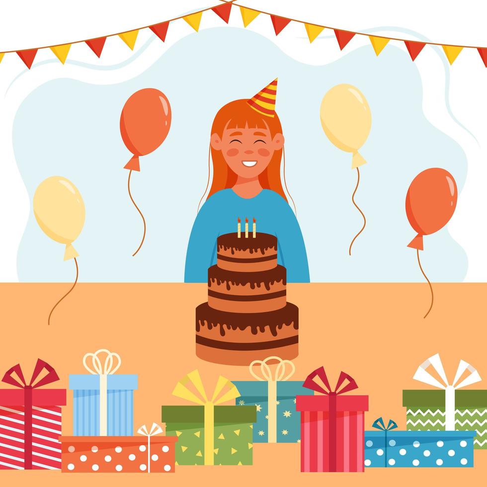 heureuse fille souriante avec des drapeaux de fête, des ballons à air, des coffrets cadeaux et un gros gâteau d'anniversaire. vecteur, jeune femme, dans, dessin animé, style, célébrer, fête vecteur