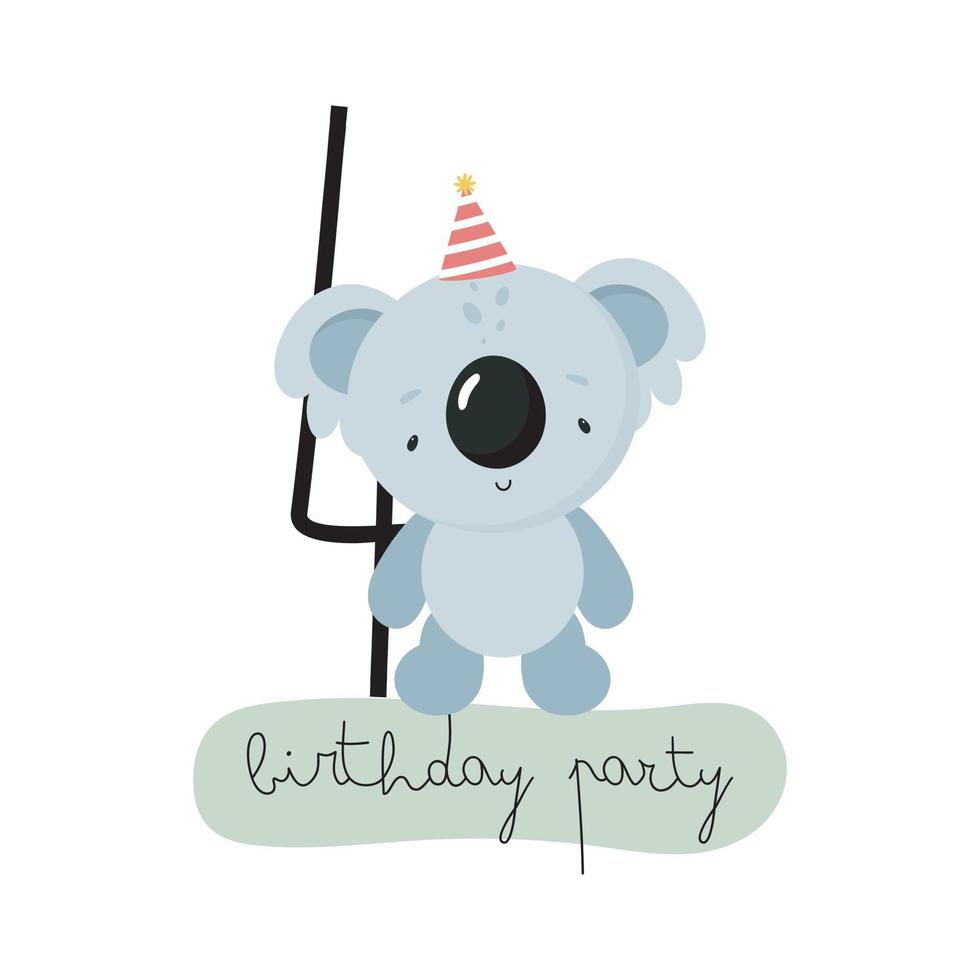 fête d'anniversaire, carte de voeux, invitation à une fête. illustration pour enfants avec koala mignon et le numéro quatre. illustration vectorielle en style cartoon. vecteur