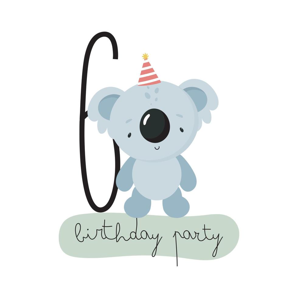 fête d'anniversaire, carte de voeux, invitation à une fête. illustration pour enfants avec koala mignon et le numéro six. illustration vectorielle en style cartoon. vecteur