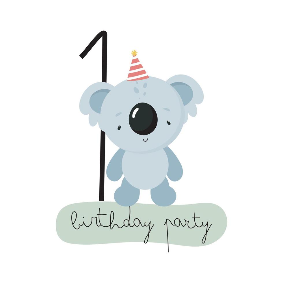 fête d'anniversaire, carte de voeux, invitation à une fête. illustration pour enfants avec koala mignon et le numéro un. illustration vectorielle en style cartoon. vecteur