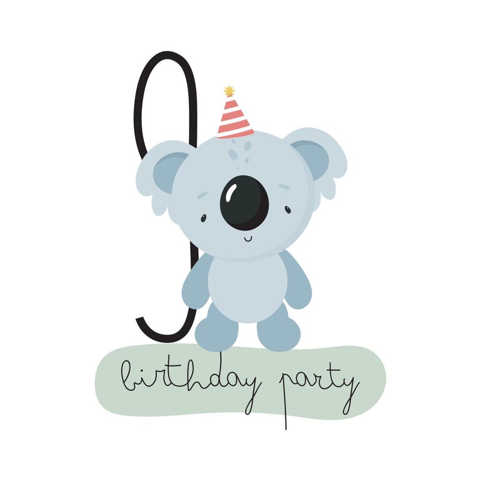 fête d'anniversaire, carte de voeux, invitation à une fête. illustration pour enfants avec koala mignon et le numéro neuf. illustration vectorielle en style cartoon. vecteur