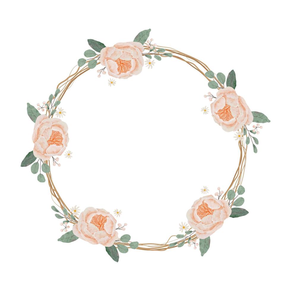 aquarelle floraison anglais orange pêche rose branche avec brindille sèche bouquet de fleurs guirlande cadre rond vecteur