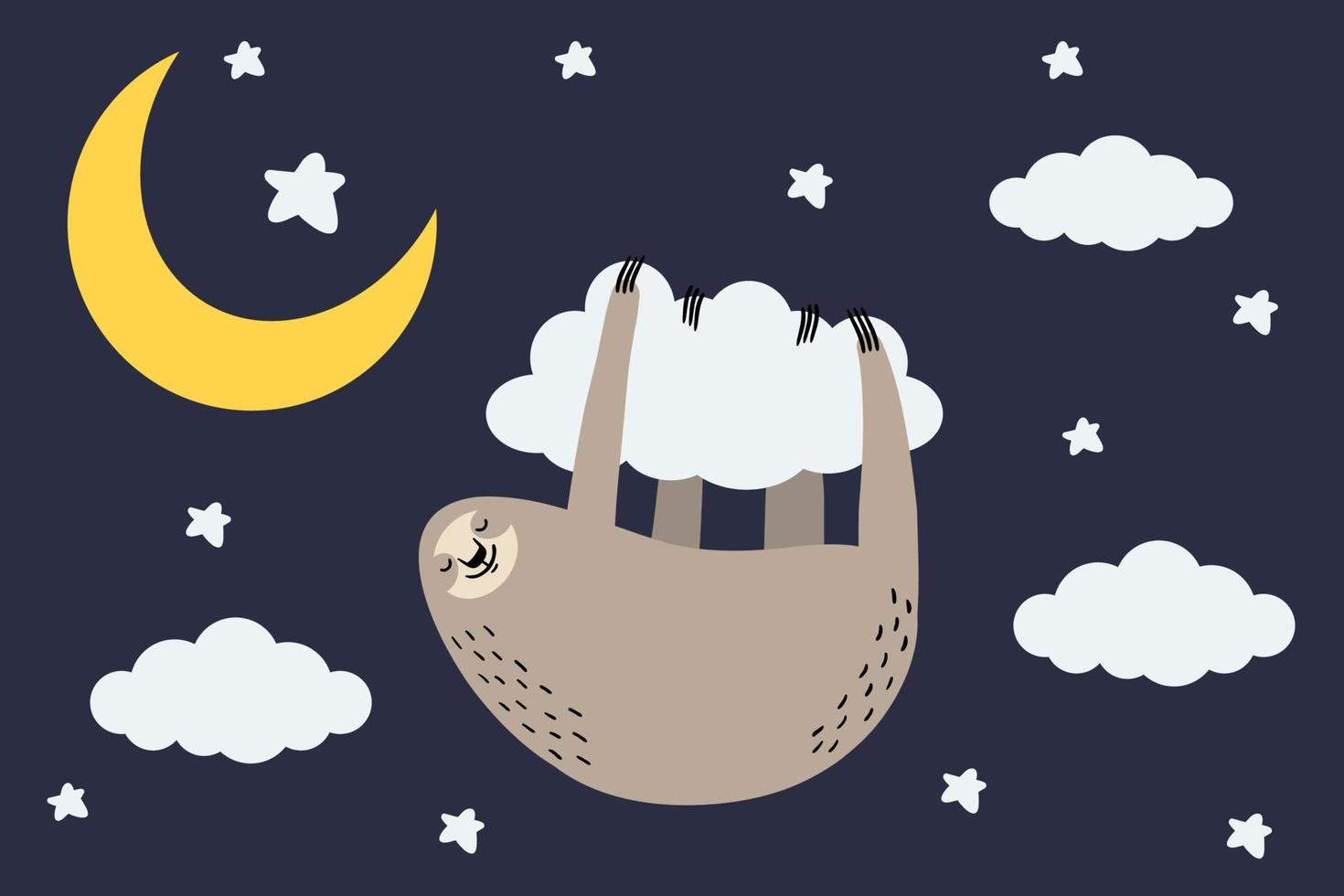 mignon dessin animé paresseux dormant suspendu à un nuage avec des étoiles et un croissant de lune. illustration vectorielle. vecteur
