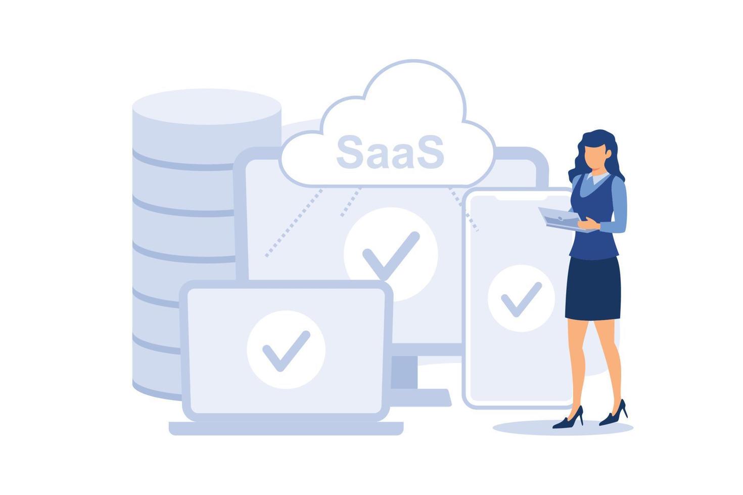 saas, logiciel cloud sur ordinateurs, base de données. illustration vectorielle pour bannière web, infographie, mobile. logiciel en tant que service ou à la demande, Internet et logiciels. vecteur