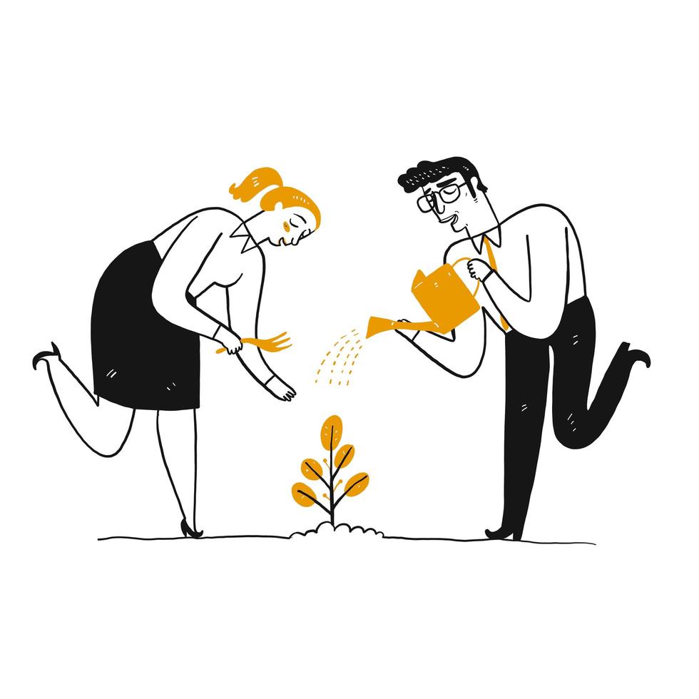 Homme et femme arrosant une plante vecteur