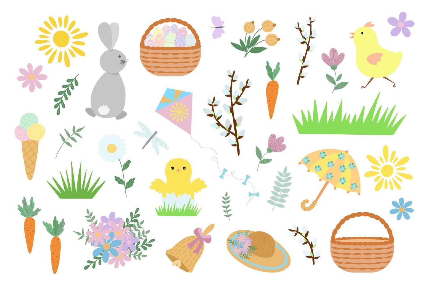 illustration vectorielle d'éléments de vacances de printemps de pâques, animaux mignons, décor floral, clipart pour carte de voeux, affiche, toute conception pour le décor de célébration de vacances de printemps vecteur