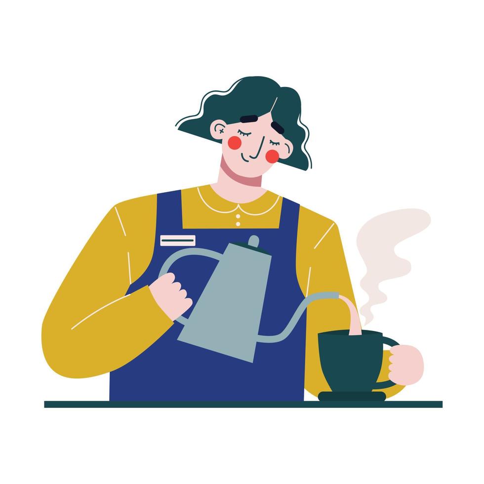 femme barista faisant du café ou du thé. femme barista. illustration vectorielle plane. vecteur