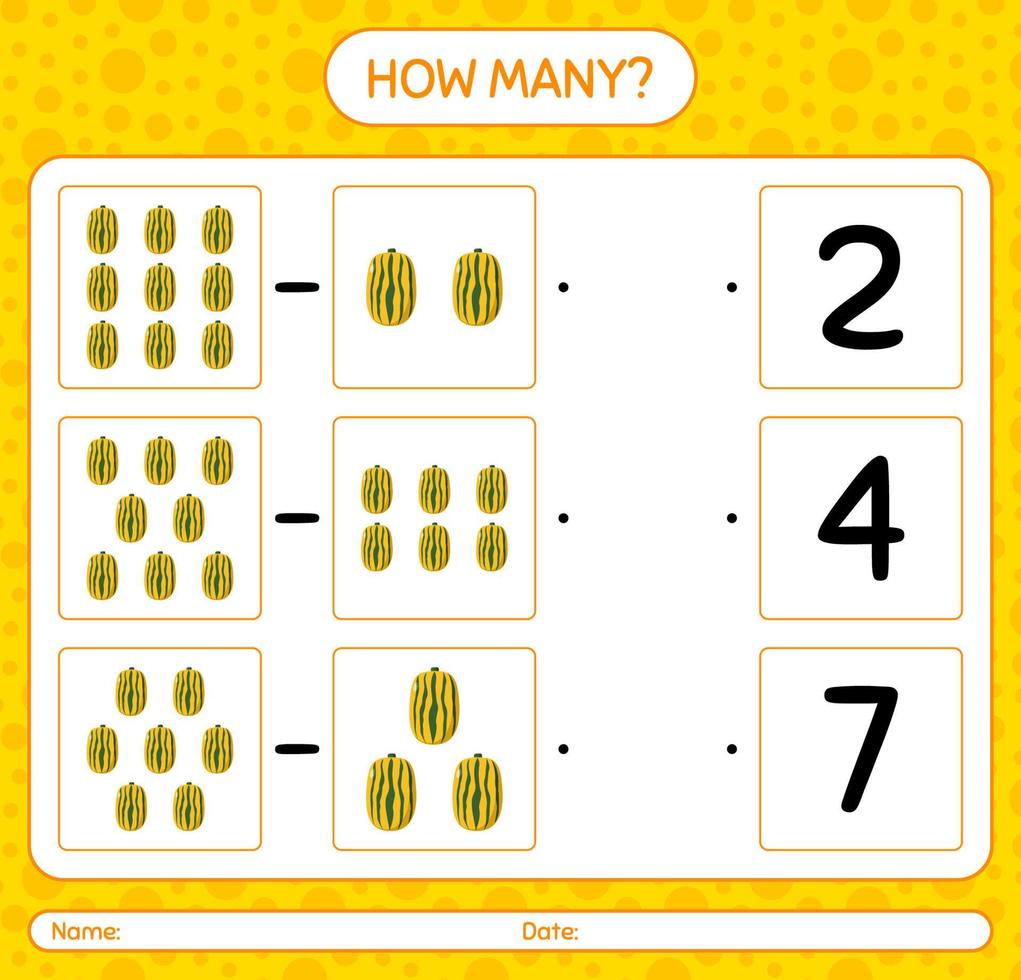 combien de jeu de comptage avec la courge delicata. feuille de travail pour les enfants d'âge préscolaire, feuille d'activité pour enfants, feuille de travail imprimable vecteur