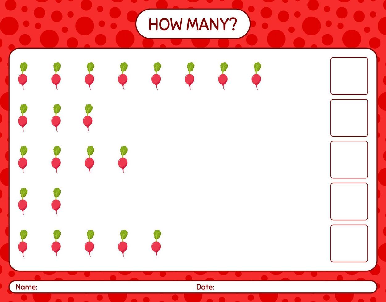 combien de jeu de comptage avec radis. feuille de travail pour les enfants d'âge préscolaire, feuille d'activité pour enfants, feuille de travail imprimable vecteur