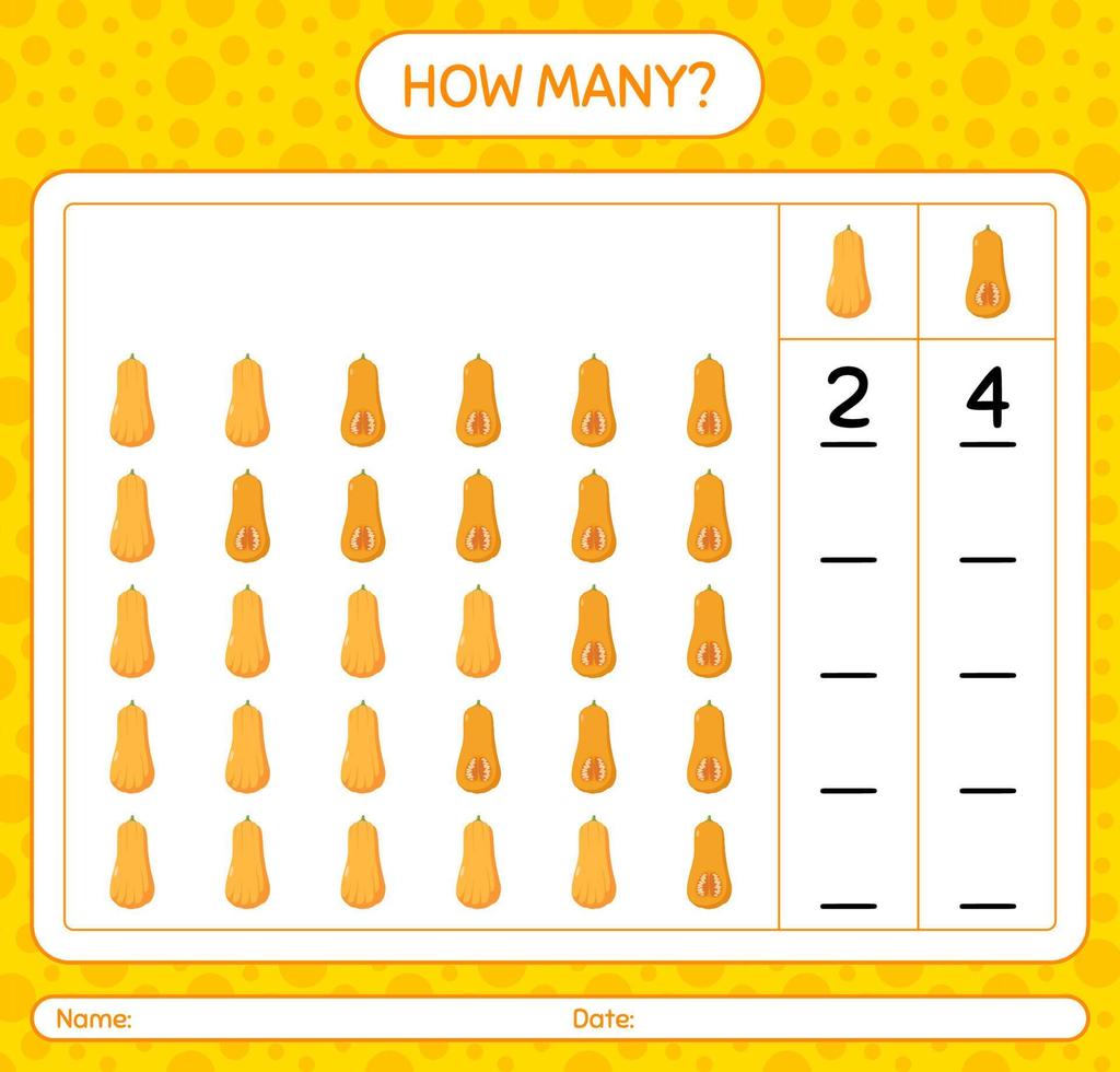 combien de jeu de comptage avec squash. feuille de travail pour les enfants d'âge préscolaire, feuille d'activité pour enfants, feuille de travail imprimable vecteur