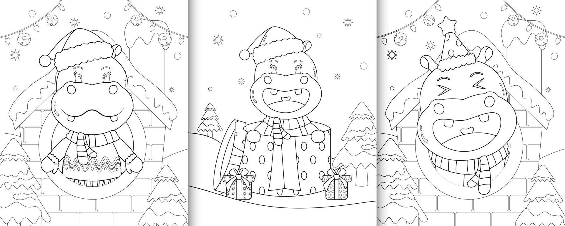 Livre de coloriage avec de jolis personnages de Noël hippopotames vecteur