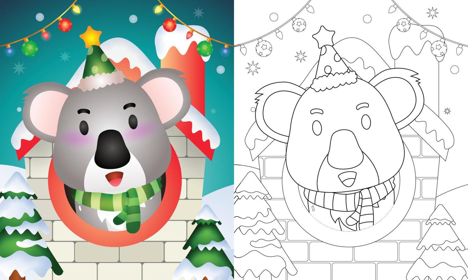 livre de coloriage avec un joli koala personnages de noël utilisant un bonnet et une écharpe à l'intérieur de la maison vecteur