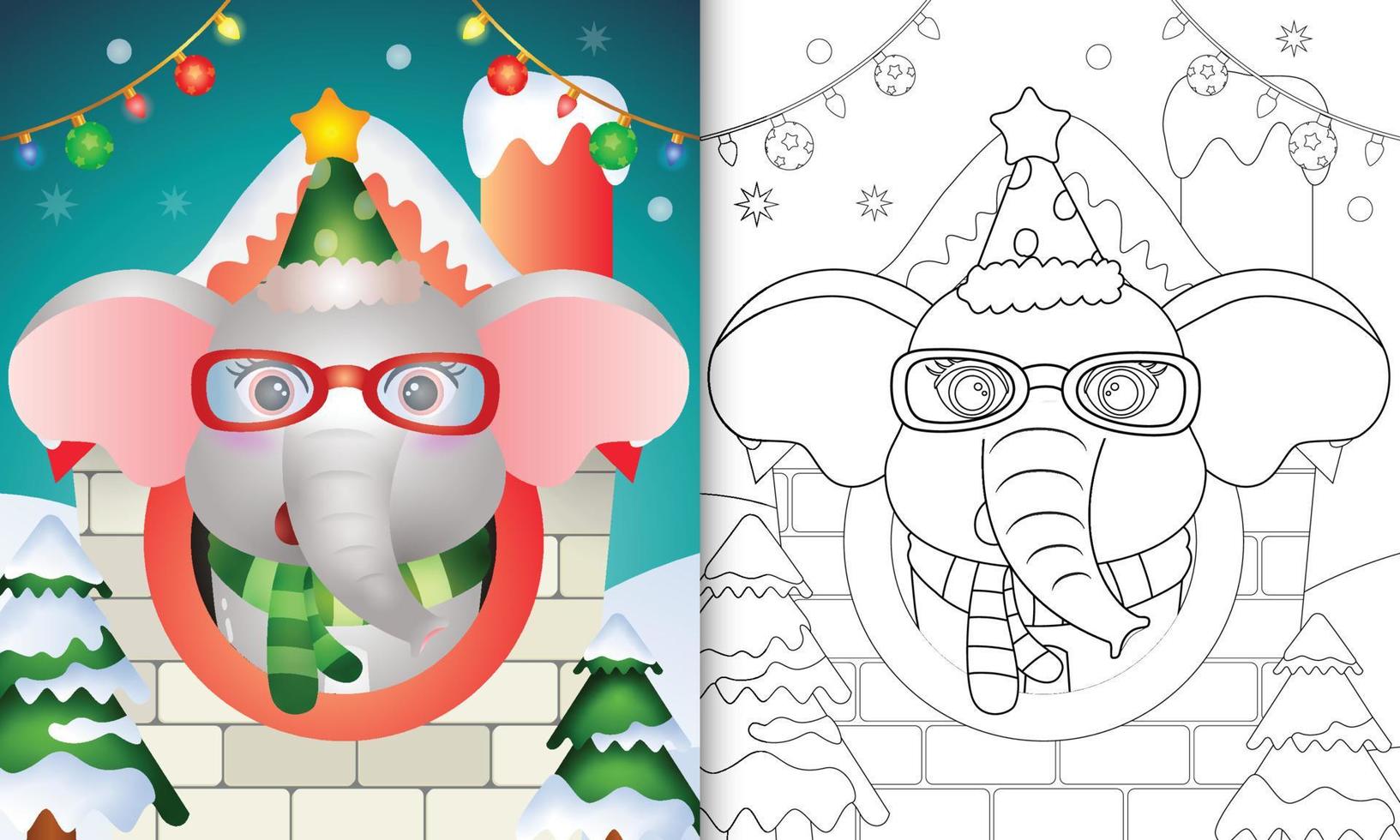 livre de coloriage avec un joli éléphant personnages de noël utilisant un bonnet et une écharpe à l'intérieur de la maison vecteur