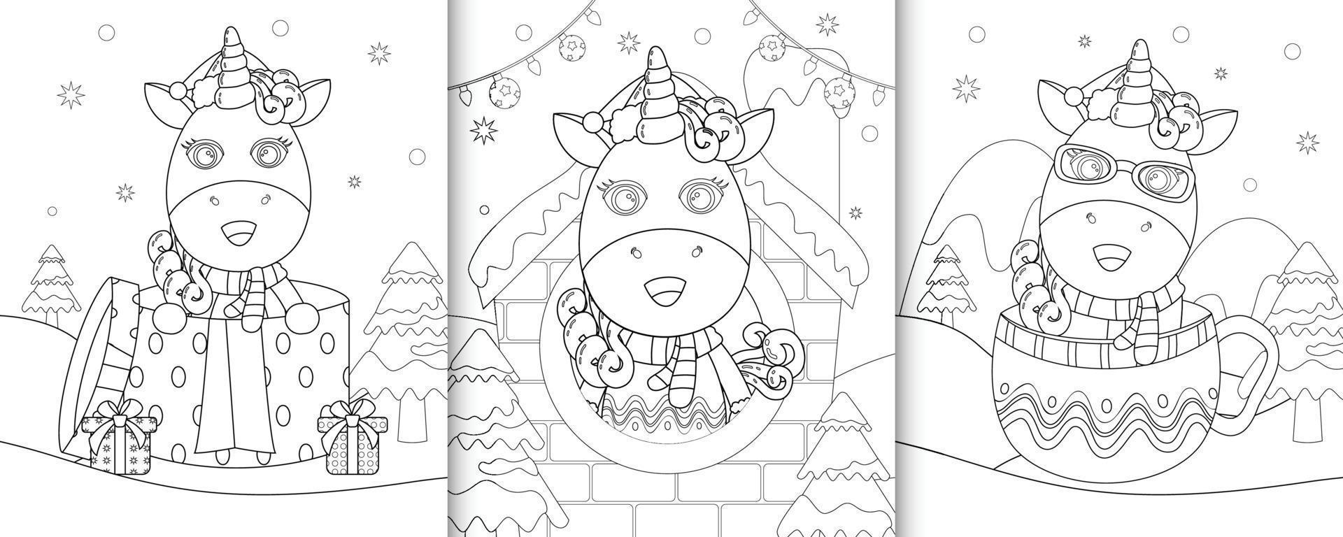 livre de coloriage avec de jolis personnages de noël licorne vecteur