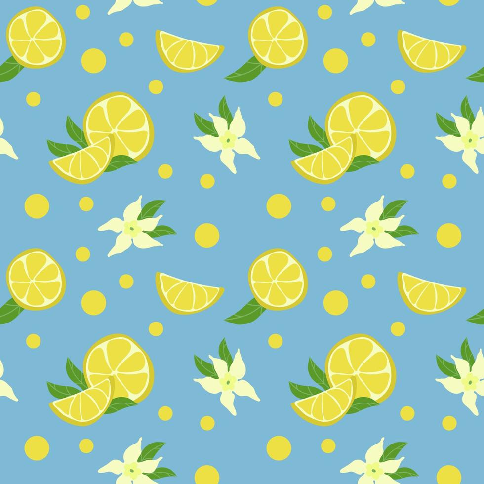 modèle sans couture de citron, fleurs et pois, éléments dessinés à la main. l'été. tranches et cercles de citron. citrons jaunes avec feuilles et fleurs sur fond bleu. agrumes. limonade vecteur