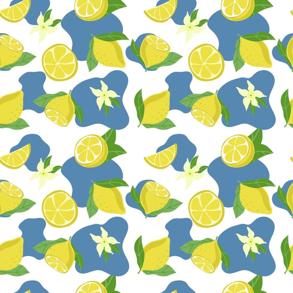 modèle sans couture de citrons lumineux, éléments dessinés à la main. l'été. citrons jaunes avec feuilles et fleurs sur fond blanc. limonade. adapté aux textiles et aux emballages vecteur