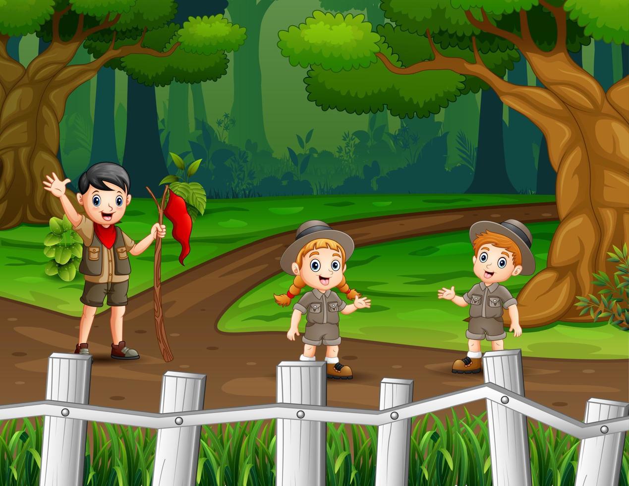 illustration d'un garçon et d'une fille scouts en randonnée sur un chemin de terre dans la forêt vecteur